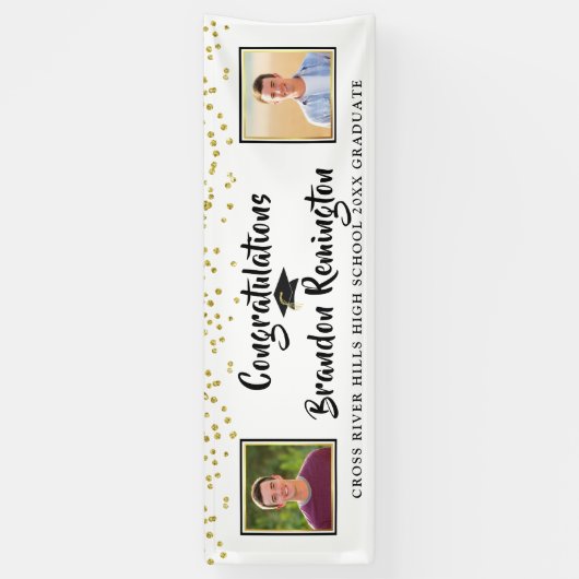 Modern Brush Script Goud Confetti Afstuderen Zwart Spandoek (Verticaal)