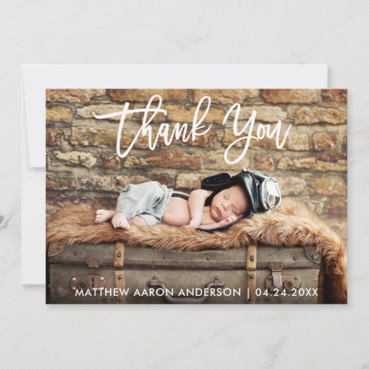 Modern Brush Script Hout Nieuwe Baby Bedankkaart Kaart (Voorkant)