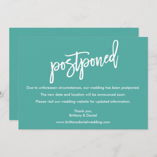 Modern Brush Script Huwelijk Uitgesteld Teal Kaart (Voorkant / Achterkant)