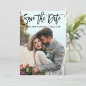 Modern Brush Script Koppel Foto B Save The Date (Staand voorkant)
