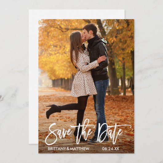 Modern Brush Script Koppelfoto Save The Date (Voorkant / Achterkant)