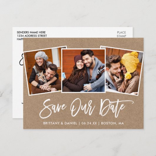 Modern Brush Script Kraft Bewaar onze datum 3 Foto Briefkaart (Voorkant / Achterkant)