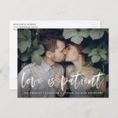 Modern Brush Script Love is Patient Postponement Aankondigingskaart (Voorkant / Achterkant)