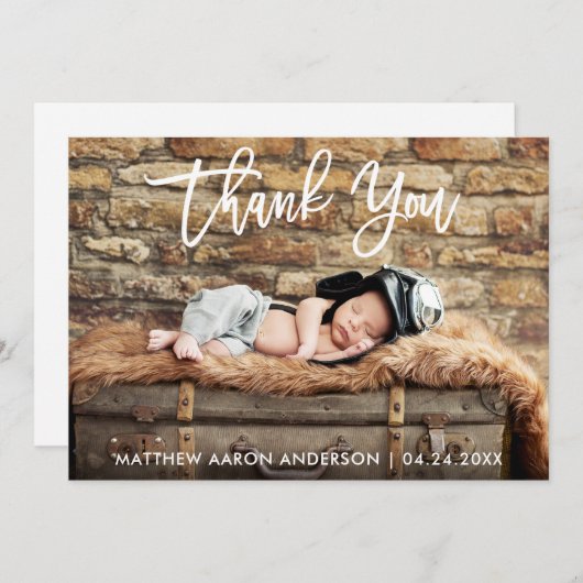 Modern Brush Script Nieuwe Baby Dank je Kaart (Voorkant / Achterkant)