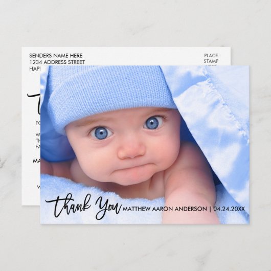 Modern Brush Script Nieuwe Baby Dank je wel B Aankondigingskaart (Voorkant / Achterkant)