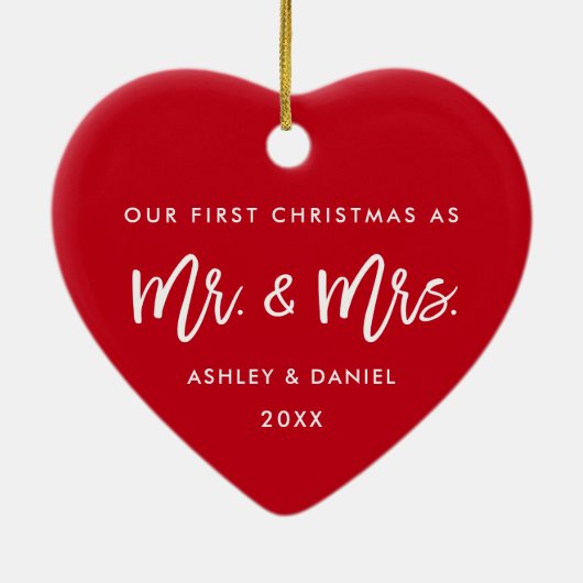 Modern Brush Script Red First Kerstmis, Mrs. Keramisch Ornament (Achterkant)