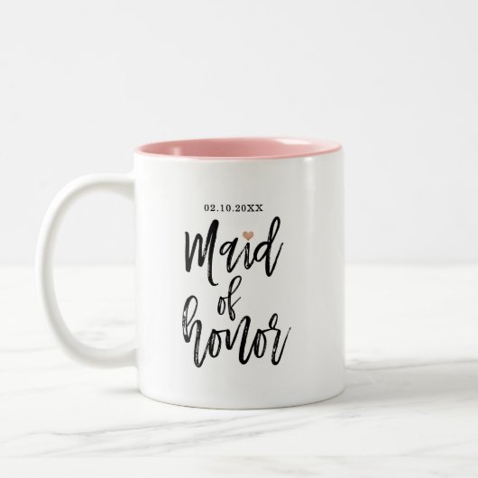 Modern Brush Script Roos Gold Hearts Maid of Honor Tweekleurige Koffiemok (Links)