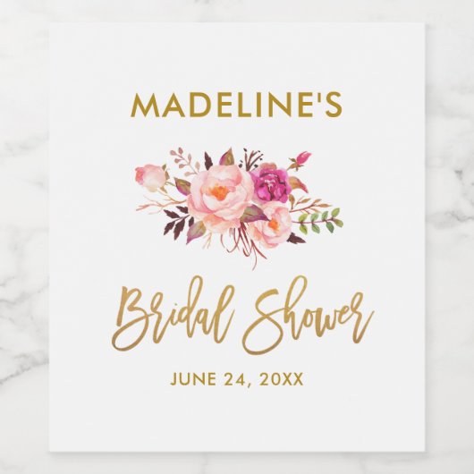 Modern Brush Script Roze Bloemen Goud Vrijgezellen Wijn Etiket (Enkel label)