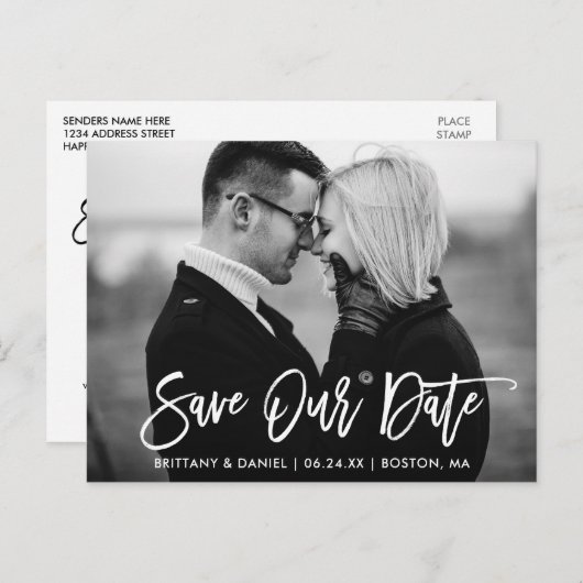 Modern Brush Script Save Our Date Zwart-wit Briefkaart (Voorkant / Achterkant)