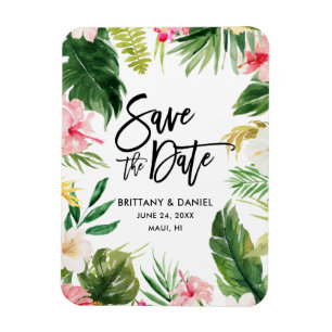 Modern Brush Script Save the Date Tropical Floral Magneet