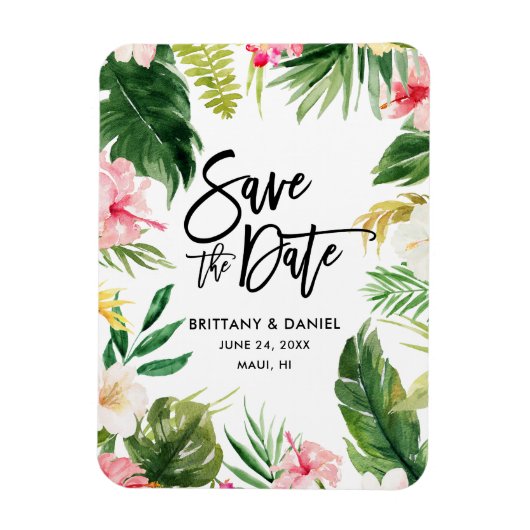 Modern Brush Script Save the Date Tropical Floral Magneet (Verticaal)