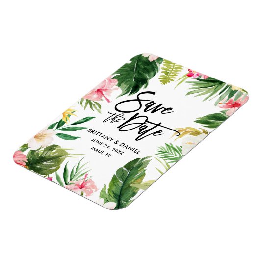 Modern Brush Script Save the Date Tropical Floral Magneet (Linkerzijde)