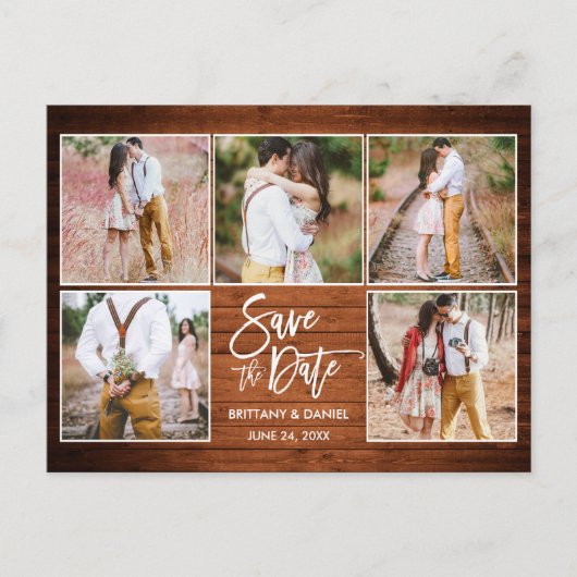 Modern Brush Script Wood Save the Date 5 Foto Briefkaart (Voorkant)