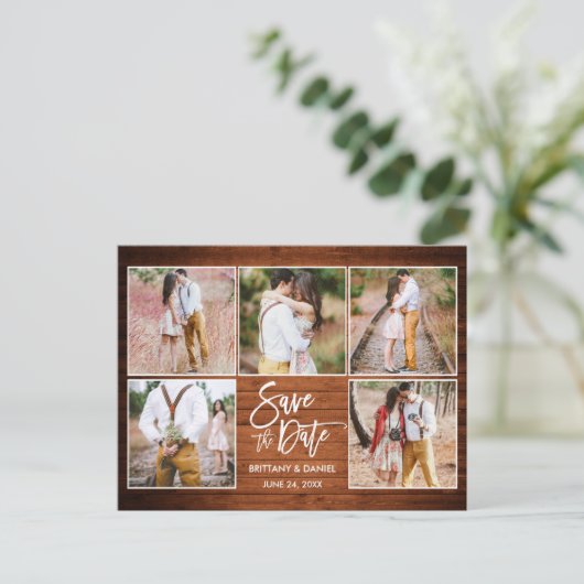Modern Brush Script Wood Save the Date 5 Foto Briefkaart (Staand voorkant)