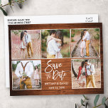 Modern Brush Script Wood Save the Date 5 Foto Briefkaart<br><div class="desc">Modern Brush Script 5 Foto Sla de datum Rustic Wood Briefkaart</div>