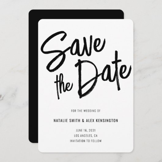 Modern Brush Script Zwart Wit Trouwen Save The Date (Voorkant / Achterkant)