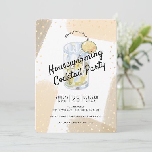 Modern Brush Strokes Housewarming Cocktail Party Kaart (Staand voorkant)