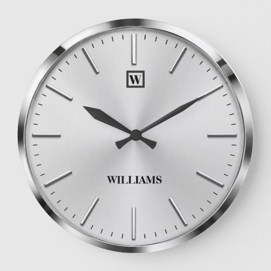 Modern Brushed Metal Luxury Silver Minimalist Grote Klok (Voorkant)