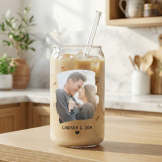 Modern Brushstroke Couple Photo & Name Iced Coffee Blikvorm Glas