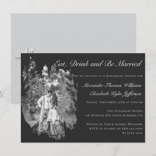 Modern Brushstroke Photo Black Rehearsal Dinner  Kaart (Voorkant / Achterkant)