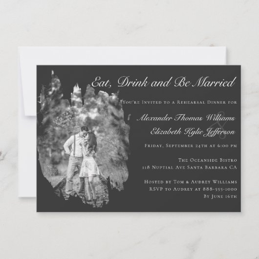 Modern Brushstroke Photo Black Rehearsal Dinner  Kaart (Voorkant)