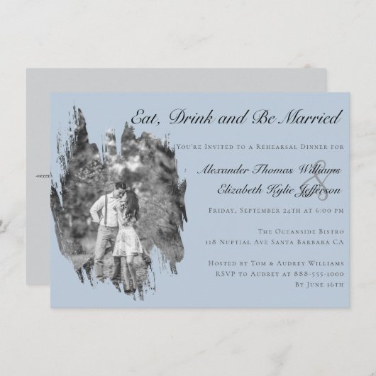 Modern Brushstroke Photo Blue Rehearsal Dinner  Kaart (Voorkant / Achterkant)