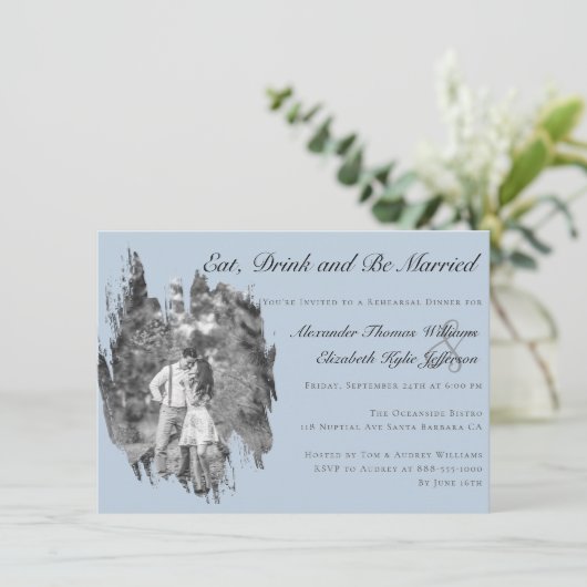 Modern Brushstroke Photo Blue Rehearsal Dinner Kaart (Staand voorkant)