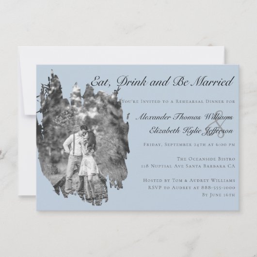 Modern Brushstroke Photo Blue Rehearsal Dinner Kaart (Voorkant)
