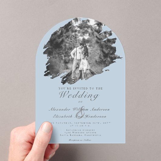 Modern Brushstroke Photo | Blue Wedding Acryl Uitnodigingen (Insitu (Draagbaar))