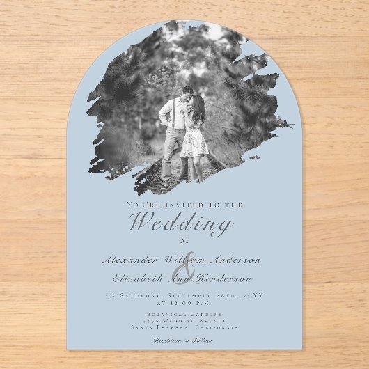 Modern Brushstroke Photo | Blue Wedding Acryl Uitnodigingen (Voorkant)