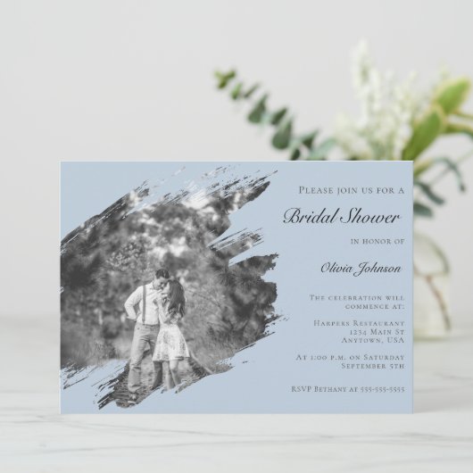 Modern Brushstroke Photo Bridal Shower Blue Kaart (Staand voorkant)