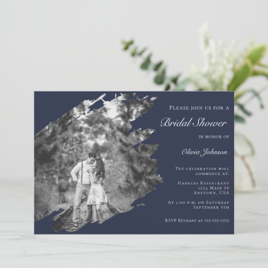 Modern Brushstroke Photo Bridal Shower Navy Blue Kaart (Staand voorkant)