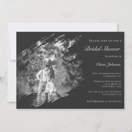 Modern Brushstroke Photo Bridal Shower Soft Black Kaart (Voorkant)