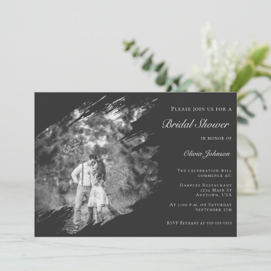 Modern Brushstroke Photo Bridal Shower Soft Black Kaart (Staand voorkant)