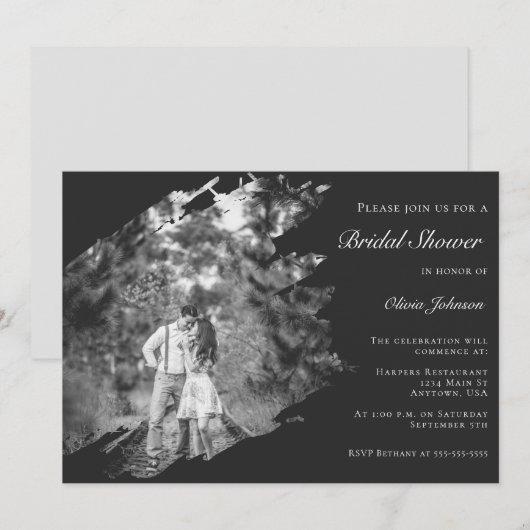 Modern Brushstroke Photo Bridal Shower Soft Black Kaart (Voorkant / Achterkant)