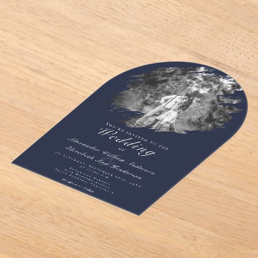 Modern Brushstroke Photo | Navy Blue Wedding Acryl Uitnodigingen (Laagn)
