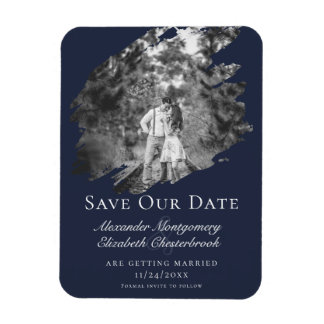 Modern Brushstroke Photo Save the Date Navy Blue Magneet