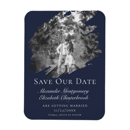 Modern Brushstroke Photo Save the Date Navy Blue Magneet (Verticaal)
