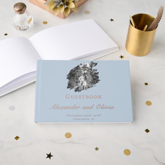 Modern Brushstroke Photo Wedding | Blue Gastenboek (Voorkant open)