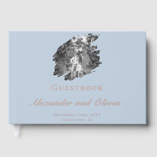 Modern Brushstroke Photo Wedding | Blue Gastenboek (Voorkant)