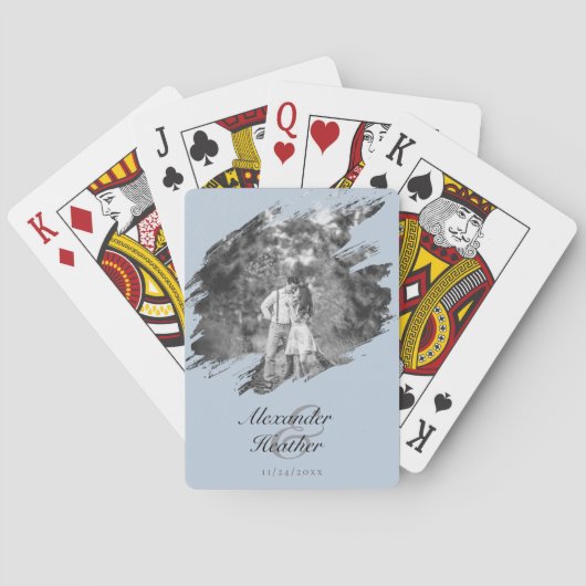 Modern Brushstroke Photo Wedding Favor Blue Pokerkaarten (Achterkant)