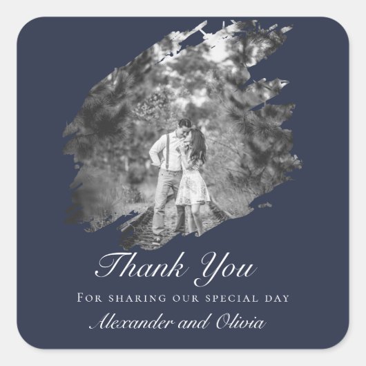 Modern Brushstroke Photo Wedding Favor Navy Blue Vierkante Sticker (Voorkant)