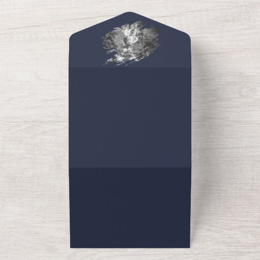 Modern Brushstroke Photo Wedding | Navy Blue All In One Uitnodiging (Buitenkant)