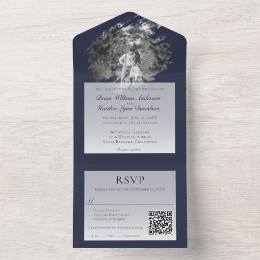 Modern Brushstroke Photo Wedding | Navy Blue All In One Uitnodiging (Binnen)