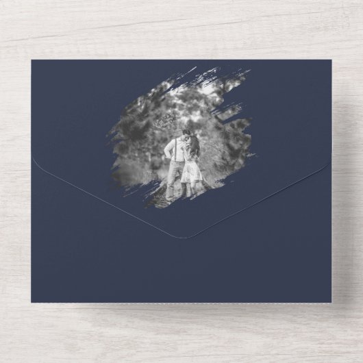Modern Brushstroke Photo Wedding | Navy Blue All In One Uitnodiging (Achterkant)