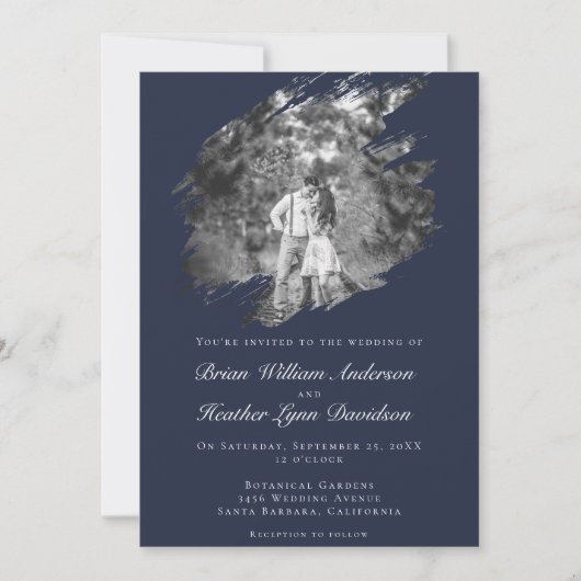 Modern Brushstroke Photo Wedding | Navy Blue Kaart (Voorkant)