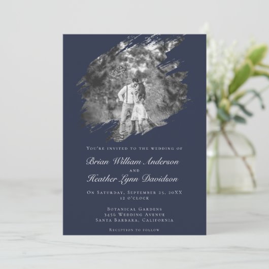 Modern Brushstroke Photo Wedding | Navy Blue Kaart (Staand voorkant)