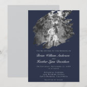 Modern Brushstroke Photo Wedding | Navy Blue Kaart (Voorkant / Achterkant)