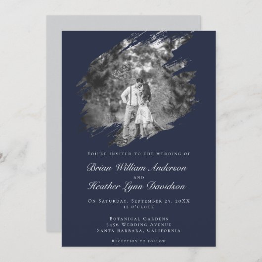 Modern Brushstroke Photo Wedding | Navy Blue Kaart (Voorkant / Achterkant)