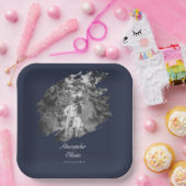 Modern Brushstroke Photo Wedding | Navy Blue Papieren Bordje (Feest)